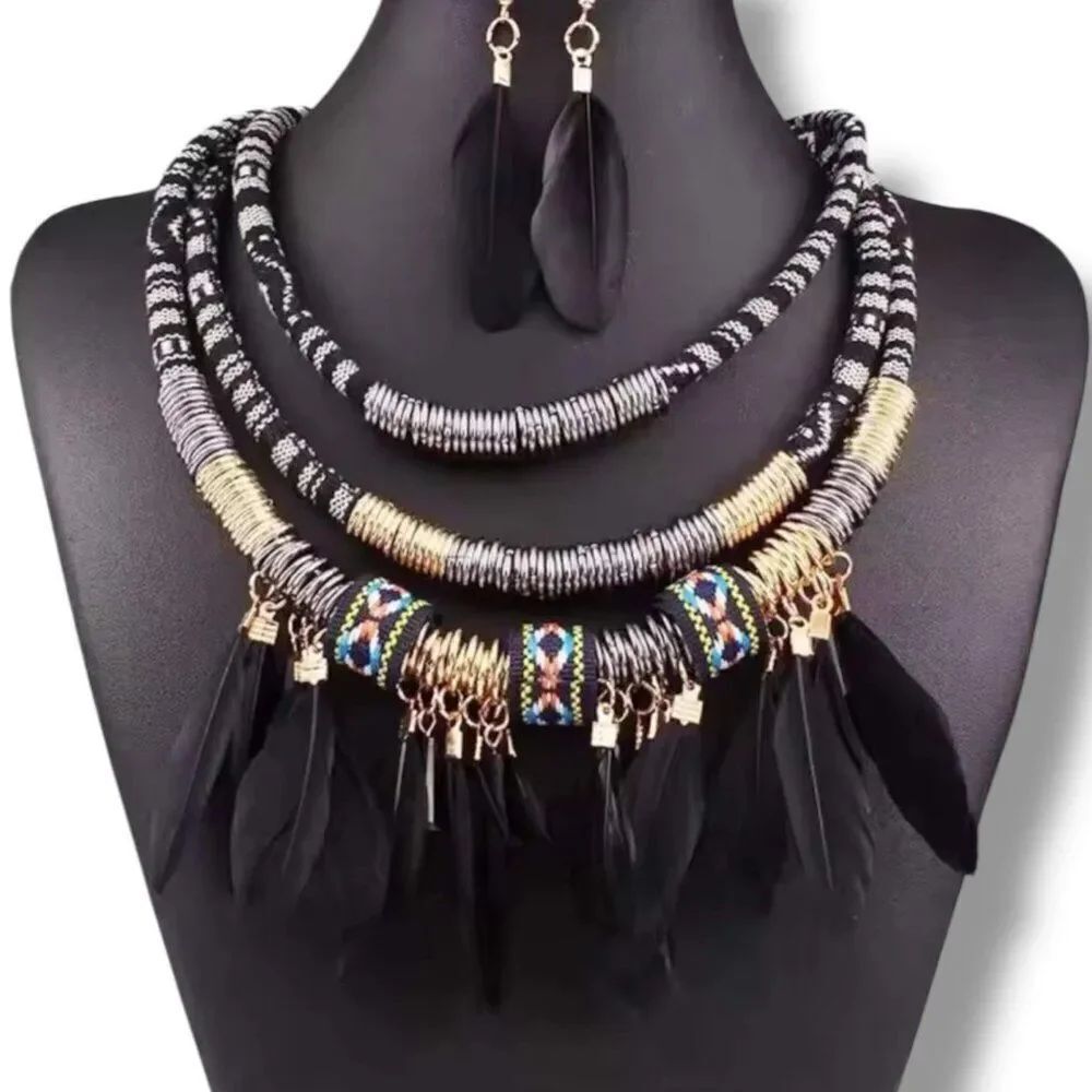 Black Tribal Feathers Necklace and Earrings Set Boho Western -NWT